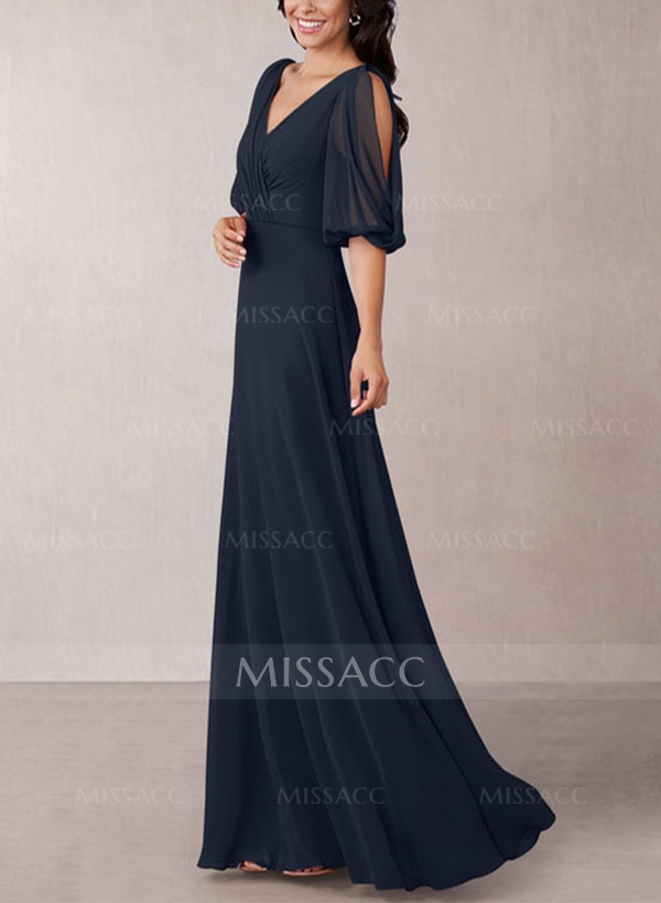 A-Line V-Neck 1/2 Sleeves Chiffon Floor-Length Mother Of The Bride Dress With Pleated