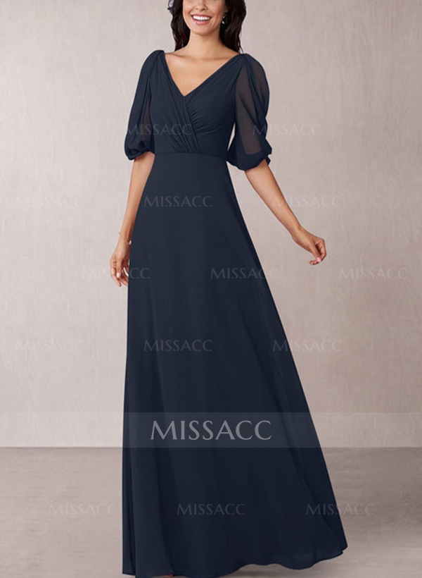 A-Line V-Neck 1/2 Sleeves Chiffon Floor-Length Mother Of The Bride Dress With Pleated