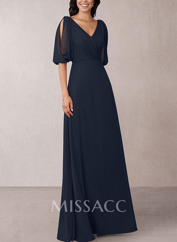 A-Line V-Neck 1/2 Sleeves Chiffon Floor-Length Mother Of The Bride Dress With Pleated A-Line V-Neck 1/2 Sleeves Chiffon Floor-Length Mother Of The Bride Dress With Pleated
