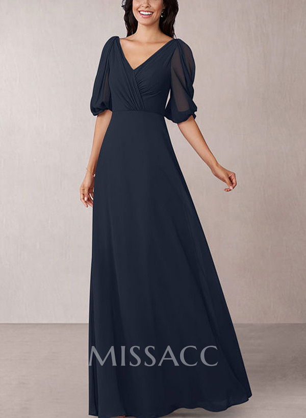 A-Line V-Neck 1/2 Sleeves Chiffon Floor-Length Mother Of The Bride Dress With Pleated A-Line V-Neck 1/2 Sleeves Chiffon Floor-Length Mother Of The Bride Dress With Pleated