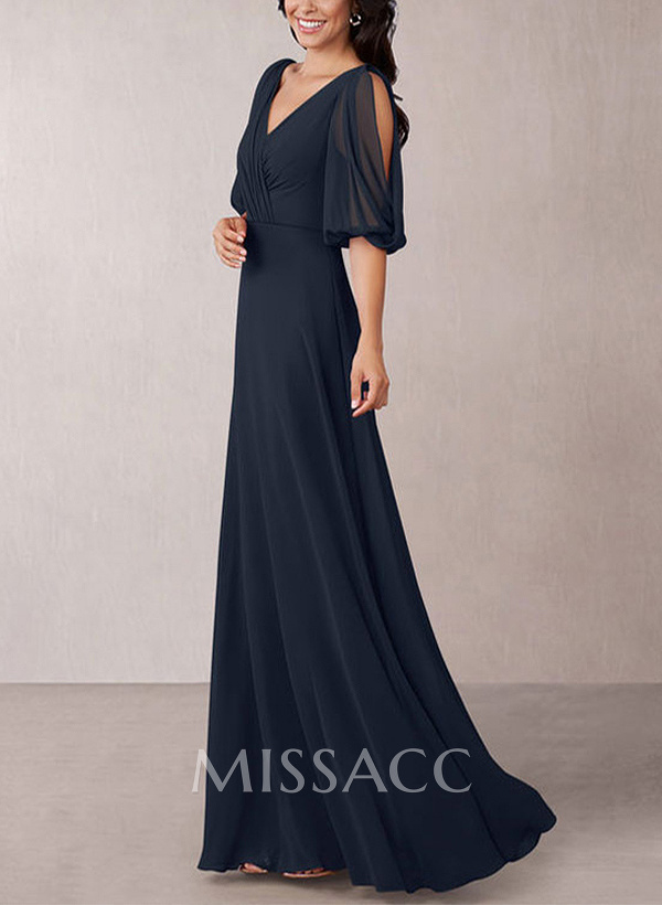A-Line V-Neck 1/2 Sleeves Chiffon Floor-Length Mother Of The Bride Dress With Pleated A-Line V-Neck 1/2 Sleeves Chiffon Floor-Length Mother Of The Bride Dress With Pleated
