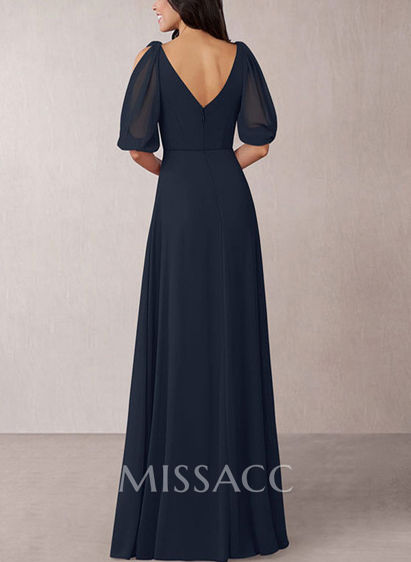 A-Line V-Neck 1/2 Sleeves Chiffon Floor-Length Mother Of The Bride Dress With Pleated A-Line V-Neck 1/2 Sleeves Chiffon Floor-Length Mother Of The Bride Dress With Pleated