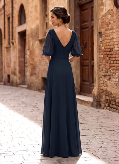 A-Line V-Neck Half Sleeve Chiffon Maxi Mother Of The Bride Dress With Pleating