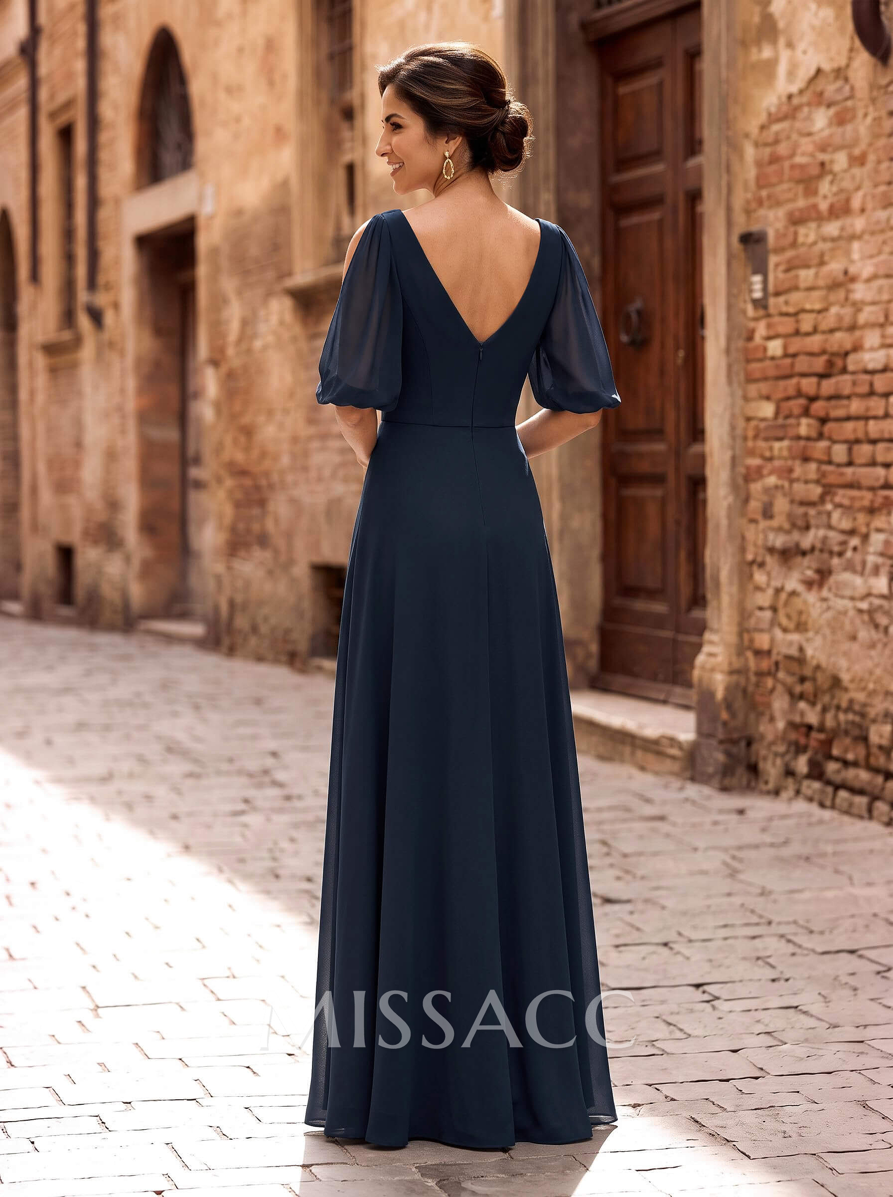 A-Line V-Neck 1/2 Sleeves Chiffon Floor-Length Mother Of The Bride Dress With Pleated
