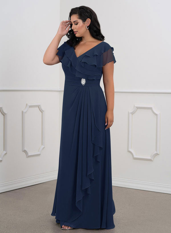 A-Line V-Neck Short sleeves Chiffon Floor-Length Mother of the Bride ...