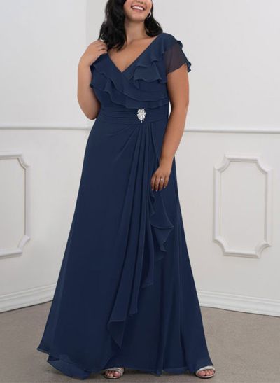 A-Line V-Neck Short Sleeves Chiffon Floor-Length Mother Of The Bride Dress Cascading Ruffles