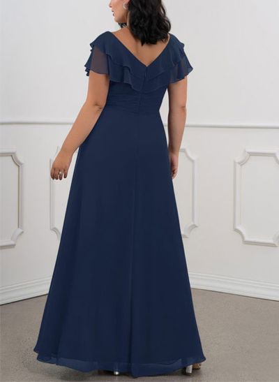 A-Line V-Neck Short Sleeves Chiffon Floor-Length Mother Of The Bride Dress Cascading Ruffles