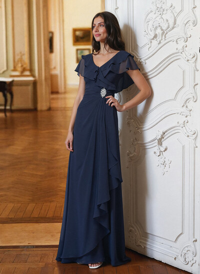 A-Line V-Neck Short Sleeves Chiffon Floor-Length Mother Of The Bride Dress Cascading Ruffles
