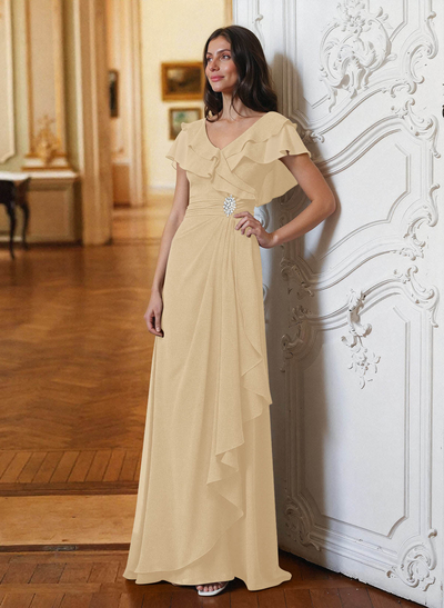 A-Line V-Neck Short Sleeves Chiffon Floor-Length Mother Of The Bride Dress Cascading Ruffles