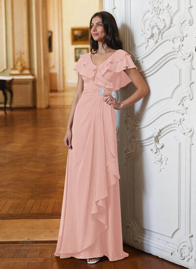 A-Line V-Neck Short Sleeves Chiffon Floor-Length Mother Of The Bride Dress Cascading Ruffles