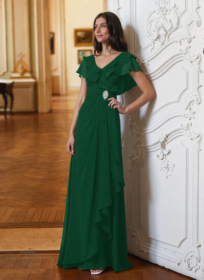 A-Line V-Neck Short Sleeves Chiffon Floor-Length Mother Of The Bride Dress Cascading Ruffles