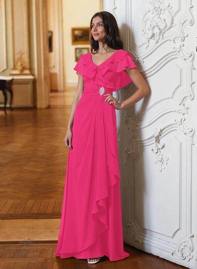 A-Line V-Neck Short Sleeves Chiffon Floor-Length Mother Of The Bride Dress Cascading Ruffles
