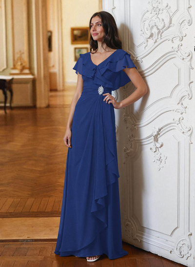A-Line V-Neck Short Sleeves Chiffon Floor-Length Mother Of The Bride Dress Cascading Ruffles