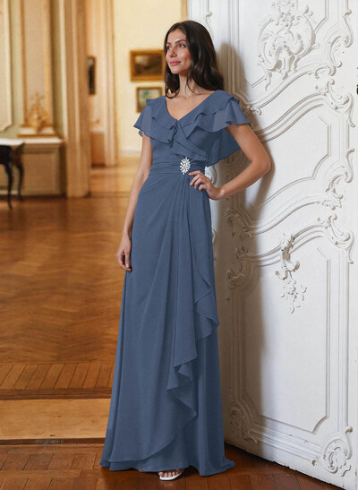 A-Line V-Neck Short Sleeves Chiffon Floor-Length Mother Of The Bride Dress Cascading Ruffles