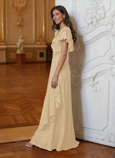 A-Line V-Neck Short Sleeves Chiffon Floor-Length Mother Of The Bride Dress Cascading Ruffles
