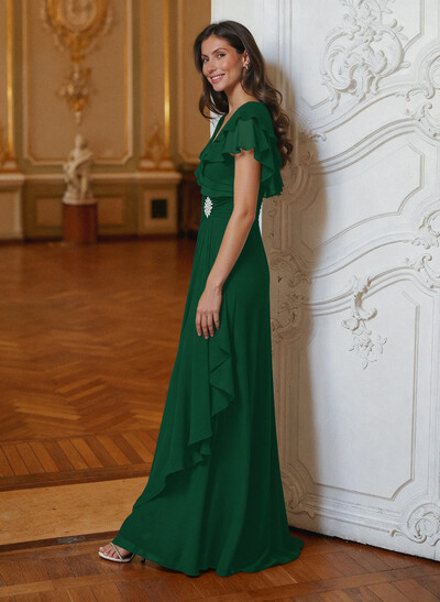 A-Line V-Neck Short Sleeves Chiffon Floor-Length Mother Of The Bride Dress Cascading Ruffles