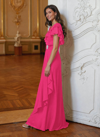 A-Line V-Neck Short Sleeves Chiffon Floor-Length Mother Of The Bride Dress Cascading Ruffles