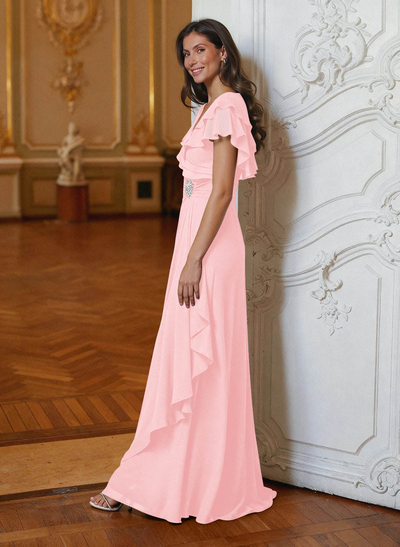 A-Line V-Neck Short Sleeves Chiffon Floor-Length Mother Of The Bride Dress Cascading Ruffles