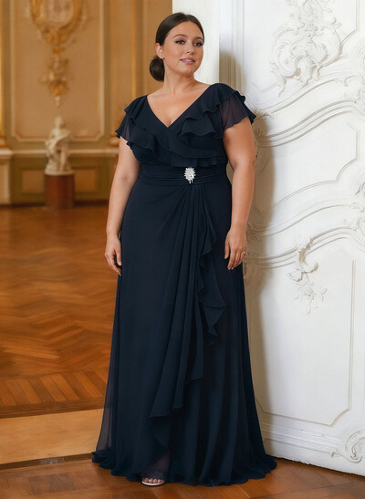 A-Line V-Neck Short Sleeves Chiffon Floor-Length Mother Of The Bride Dress Cascading Ruffles