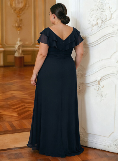 A-Line V-Neck Short Sleeves Chiffon Floor-Length Mother Of The Bride Dress Cascading Ruffles