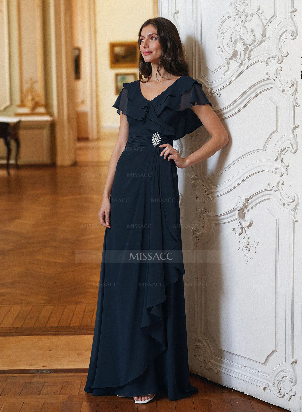 A-Line V-Neck Short Sleeves Chiffon Floor-Length Mother Of The Bride Dress Cascading Ruffles