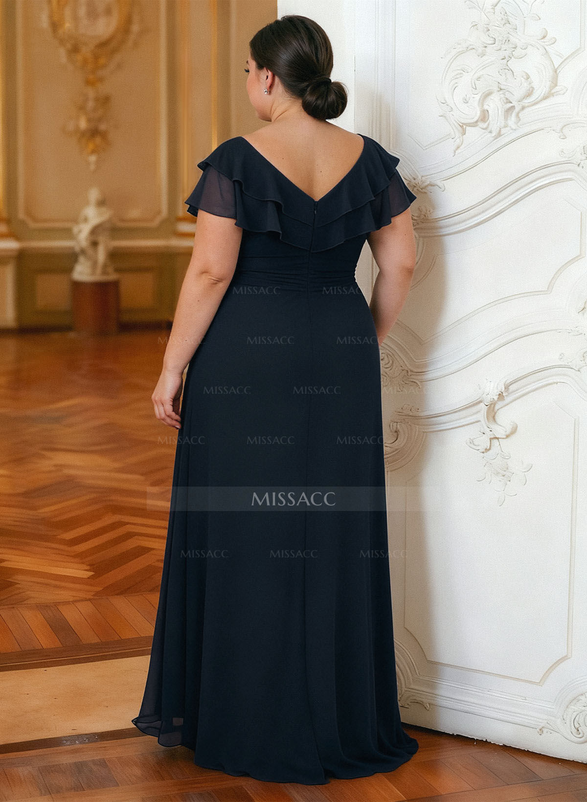 A-Line V-Neck Short Sleeves Chiffon Floor-Length Mother Of The Bride Dress Cascading Ruffles