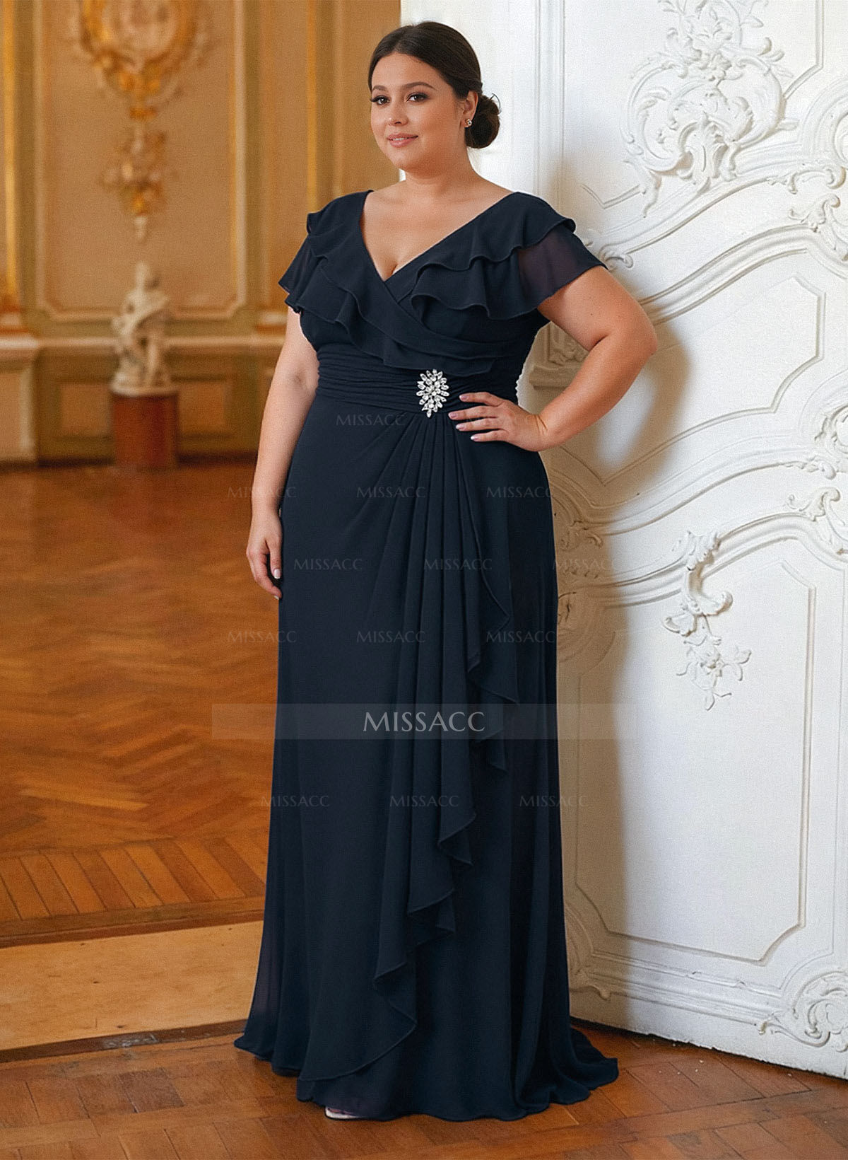 A-Line V-Neck Short Sleeves Chiffon Floor-Length Mother Of The Bride Dress Cascading Ruffles