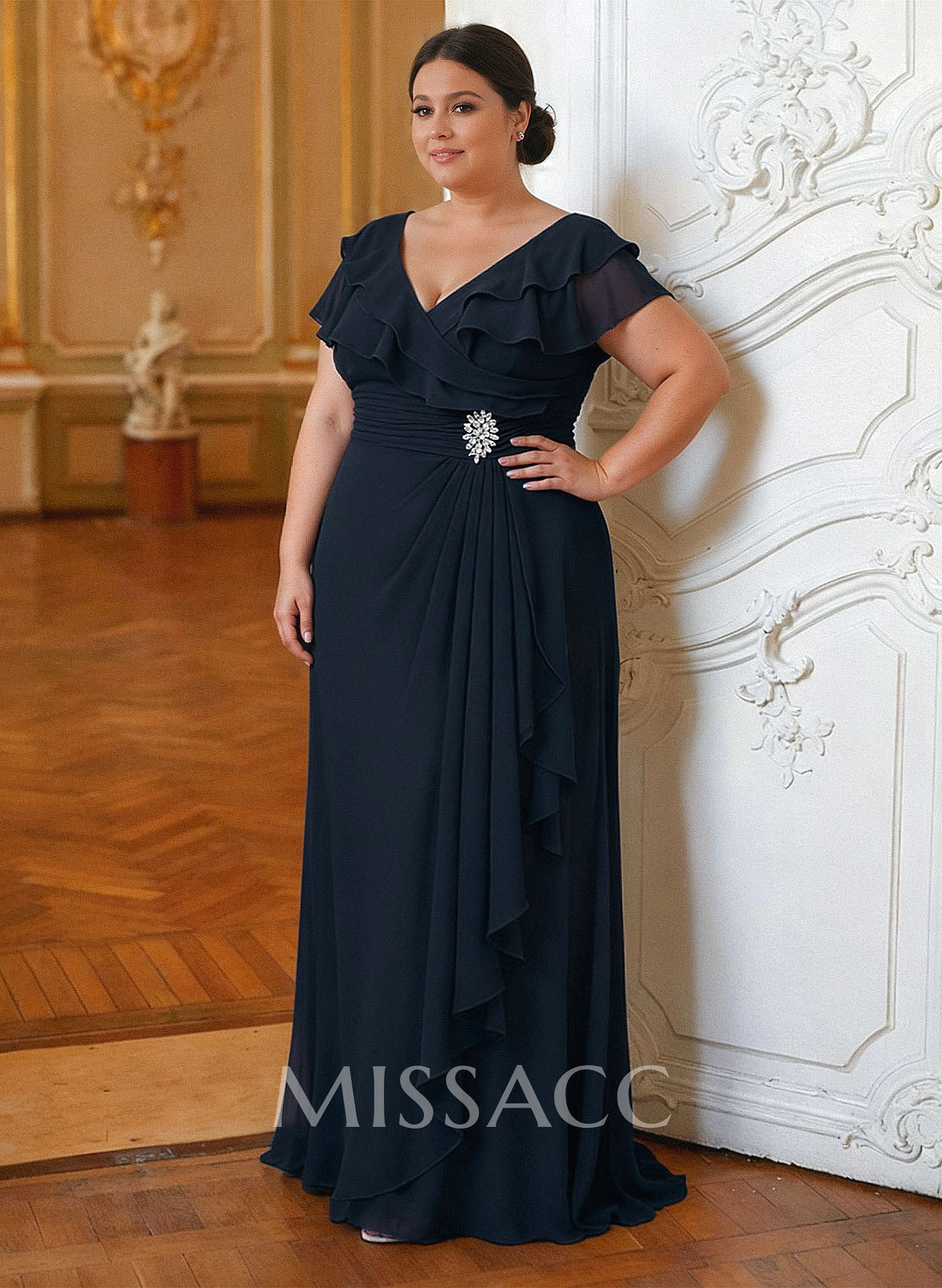 A-Line V-Neck Short Sleeves Chiffon Floor-Length Mother Of The Bride Dress Cascading Ruffles A-Line V-Neck Short Sleeves Chiffon Floor-Length Mother Of The Bride Dress Cascading Ruffles