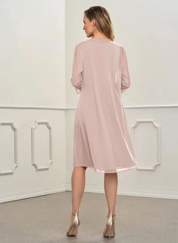Spa Mother Of The Bride Dress A Line Illusion Neck Short Sleeves Ruffles Chiffon Knee Length Mother Of The Bride Dresses