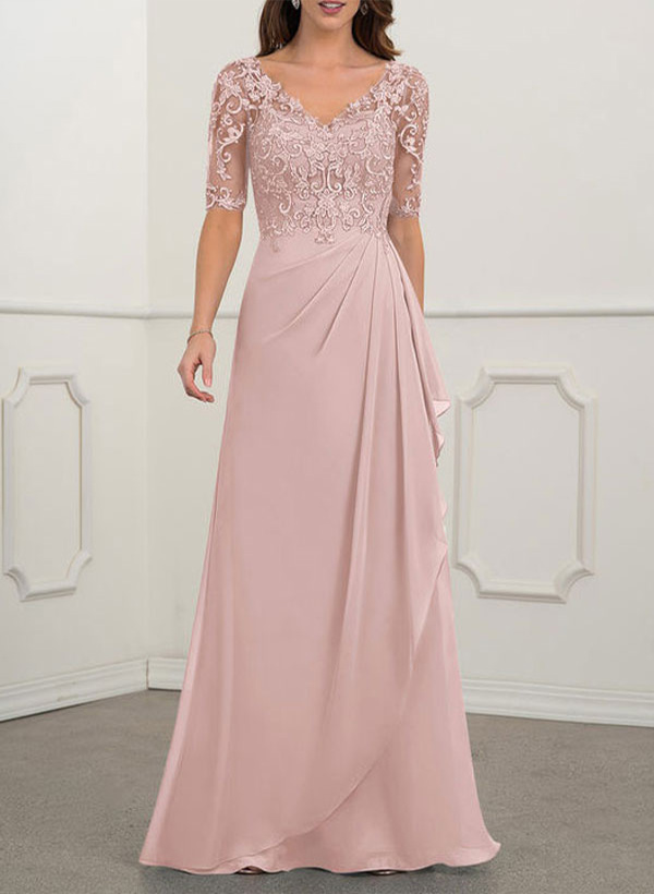 A-Line V-Neck 1/2 Sleeves Chiffon Lace Floor-Length Mother of the Bride Dress With Lace