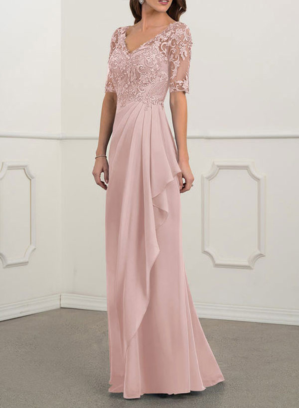 A-Line V-Neck 1/2 Sleeves Chiffon Lace Floor-Length Mother of the Bride Dress With Lace