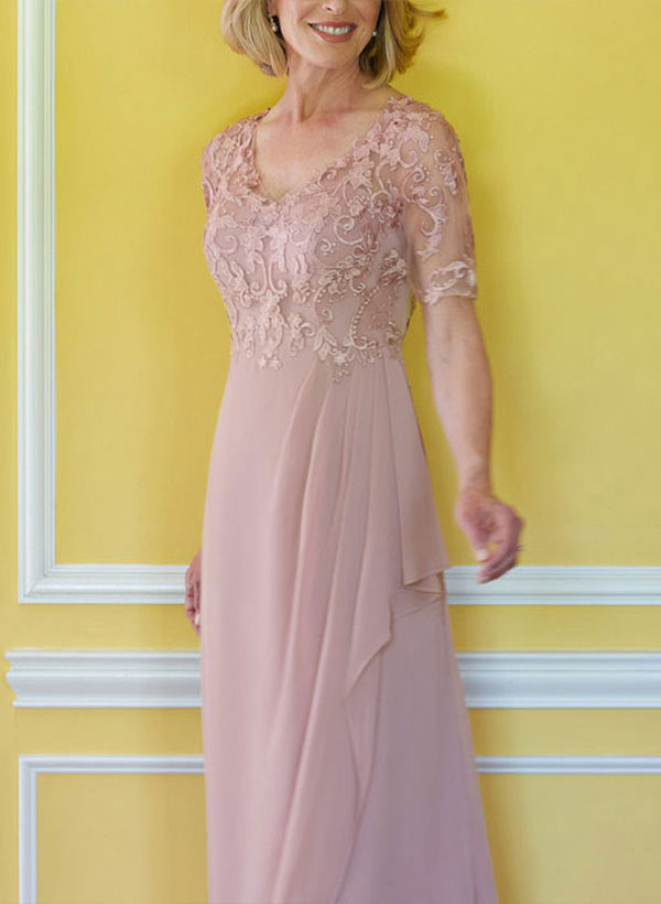 A-Line V-Neck 1/2 Sleeves Chiffon Lace Floor-Length Mother of the Bride Dress With Lace