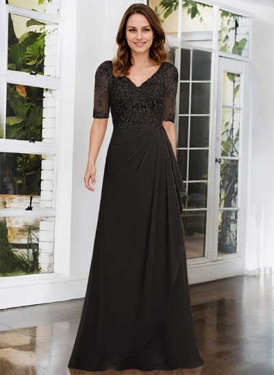 A-Line V-Neck 1/2 Sleeves Chiffon Lace Floor-Length Mother Of The Bride Dress With Lace