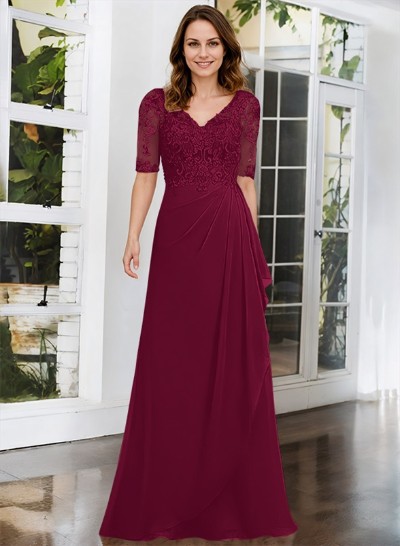 A-Line V-Neck 1/2 Sleeves Chiffon Lace Floor-Length Mother Of The Bride Dress With Lace