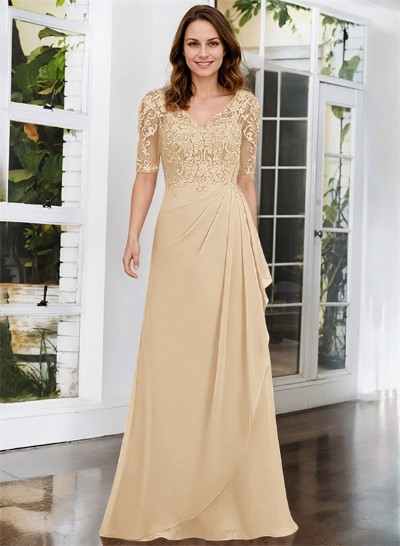 A-Line V-Neck 1/2 Sleeves Chiffon Lace Floor-Length Mother Of The Bride Dress With Lace