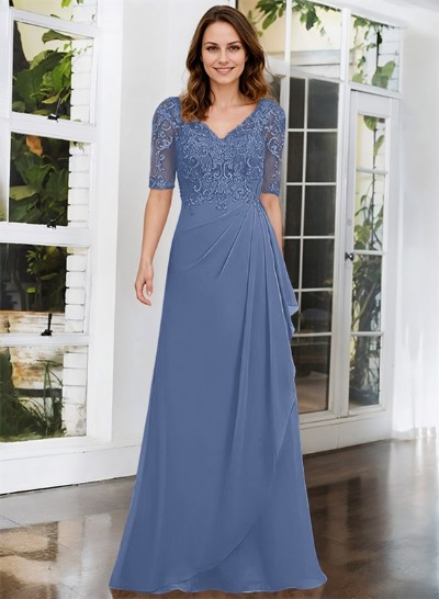 A-Line V-Neck 1/2 Sleeves Chiffon Lace Floor-Length Mother Of The Bride Dress With Lace