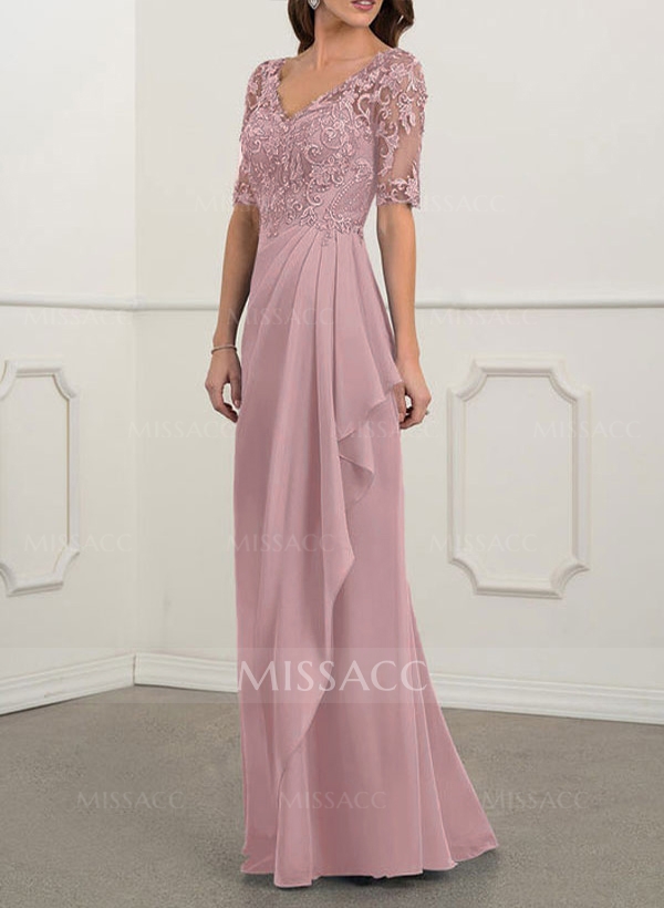 A-Line V-Neck 1/2 Sleeves Chiffon Lace Floor-Length Mother Of The Bride Dress With Lace