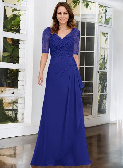 A-Line V-Neck 1/2 Sleeves Chiffon Lace Floor-Length Mother Of The Bride Dress With Lace