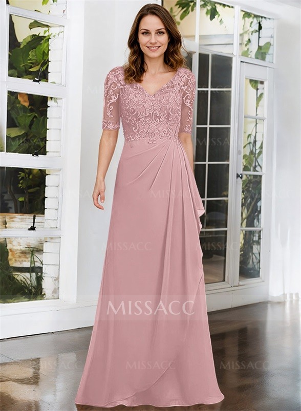 A-Line V-Neck 1/2 Sleeves Chiffon Lace Floor-Length Mother Of The Bride Dress With Lace