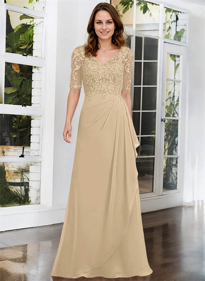 A-Line V-Neck 1/2 Sleeves Chiffon Lace Floor-Length Mother Of The Bride Dress With Lace