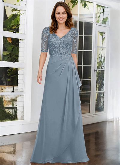 A-Line V-Neck 1/2 Sleeves Chiffon Lace Floor-Length Mother Of The Bride Dress With Lace