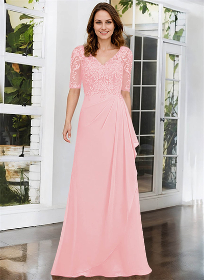 A-Line V-Neck 1/2 Sleeves Chiffon Lace Floor-Length Mother Of The Bride Dress With Lace