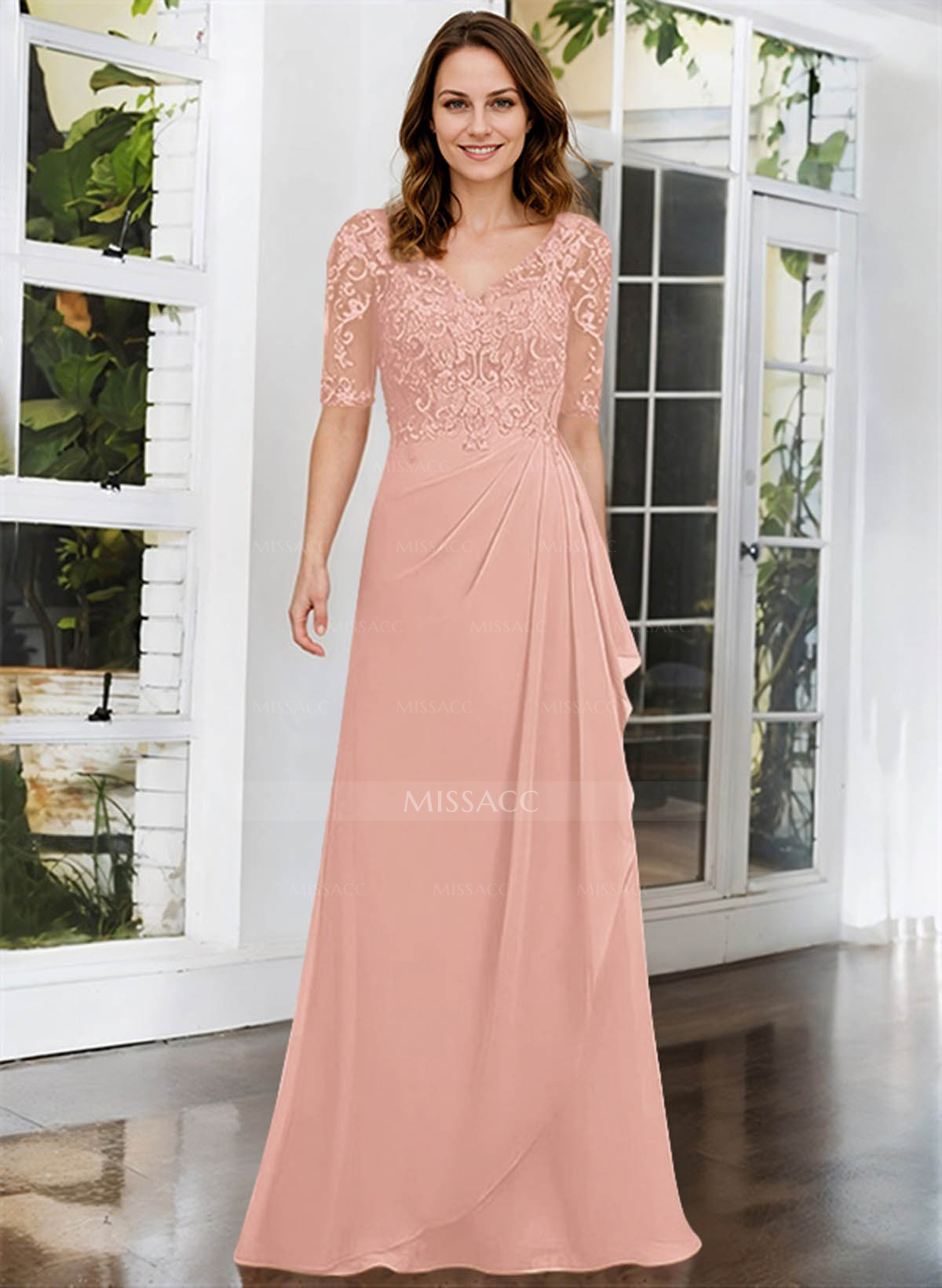 A-Line V-Neck 1/2 Sleeves Chiffon Lace Floor-Length Mother Of The Bride Dress With Lace