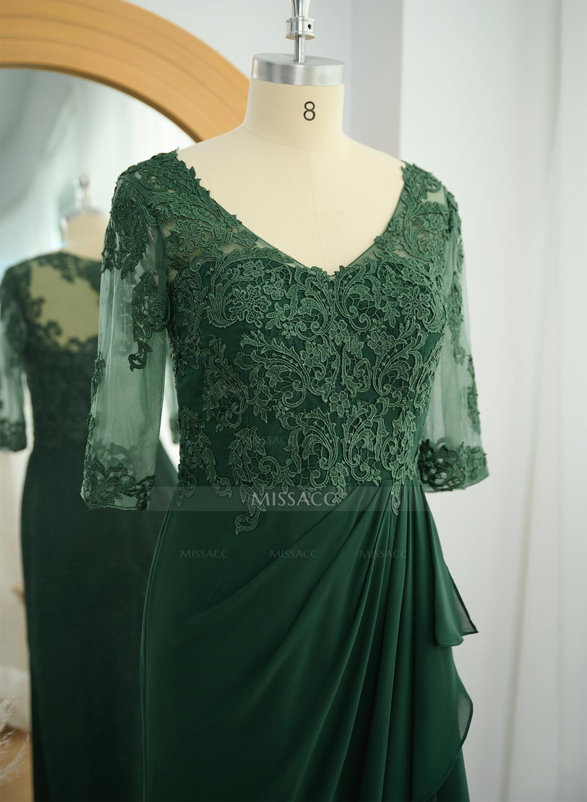 A-Line V-Neck 1/2 Sleeves Chiffon Lace Floor-Length Mother Of The Bride Dress With Lace