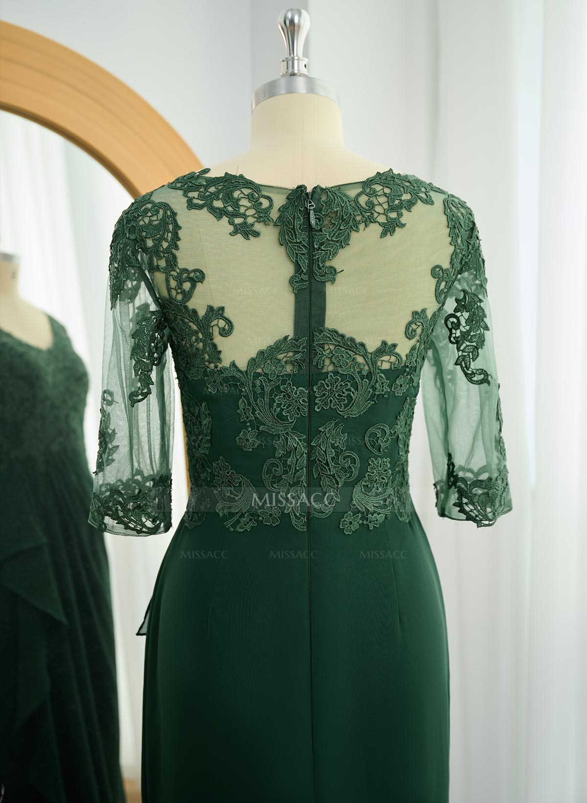 A-Line V-Neck 1/2 Sleeves Chiffon Lace Floor-Length Mother Of The Bride Dress With Lace