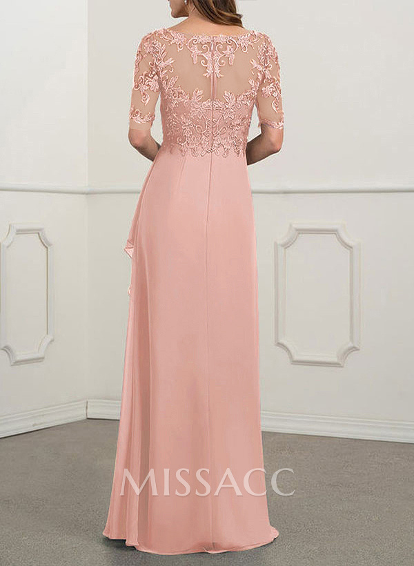 A-Line V-Neck 1/2 Sleeves Chiffon Lace Floor-Length Mother Of The Bride Dress With Lace