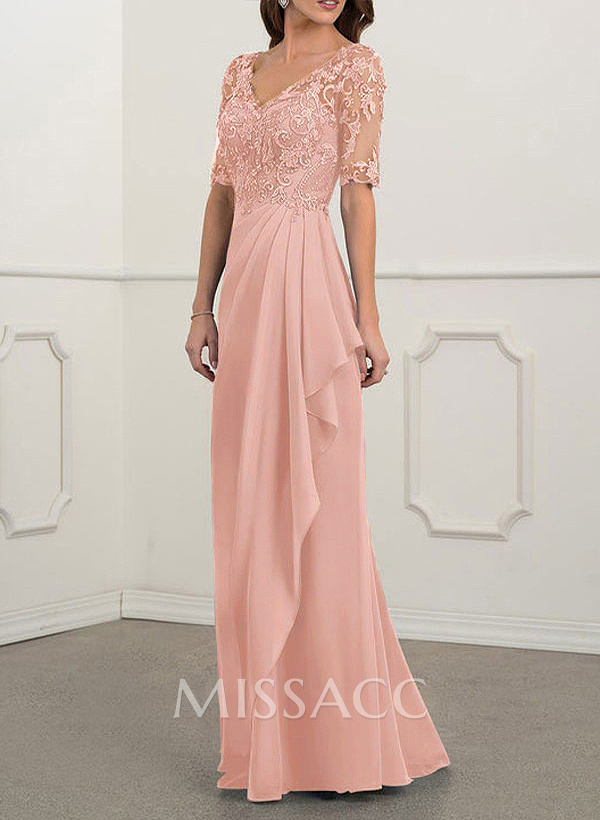 A-Line V-Neck 1/2 Sleeves Chiffon Lace Floor-Length Mother Of The Bride Dress With Lace