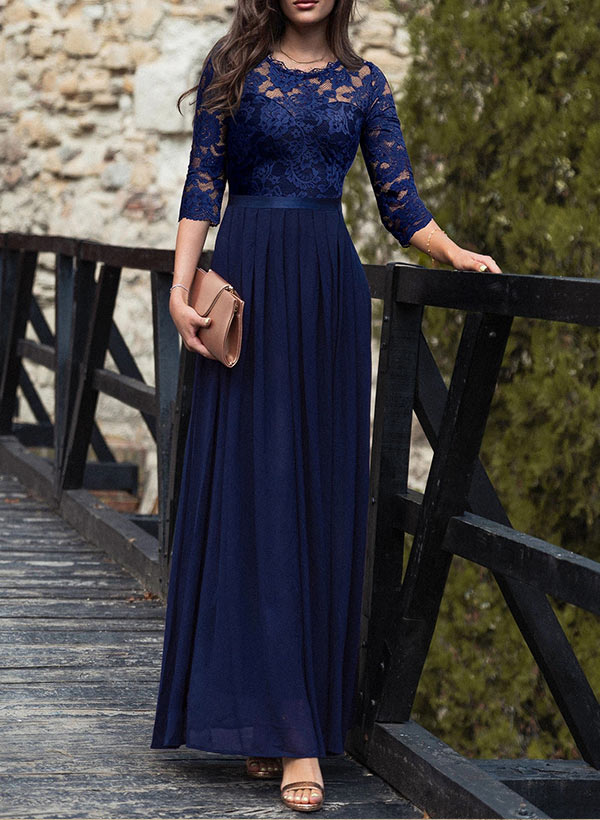 A-Line Illusion Neck Lace Floor-Length Mother of Bride Dress With Lace