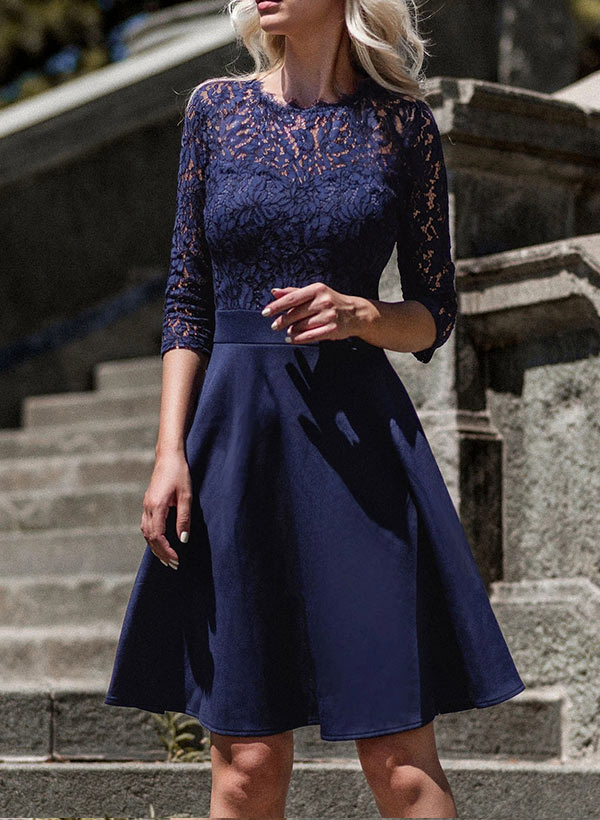 A-Line Lace 3/4 Sleeves Knee-length Mother of Bride Dress