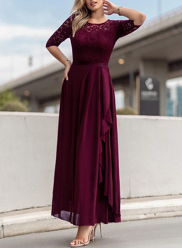 A-Line Scoop Neck Lace 3/4 Sleeves Ankle-Length Mother Of Bride Dress